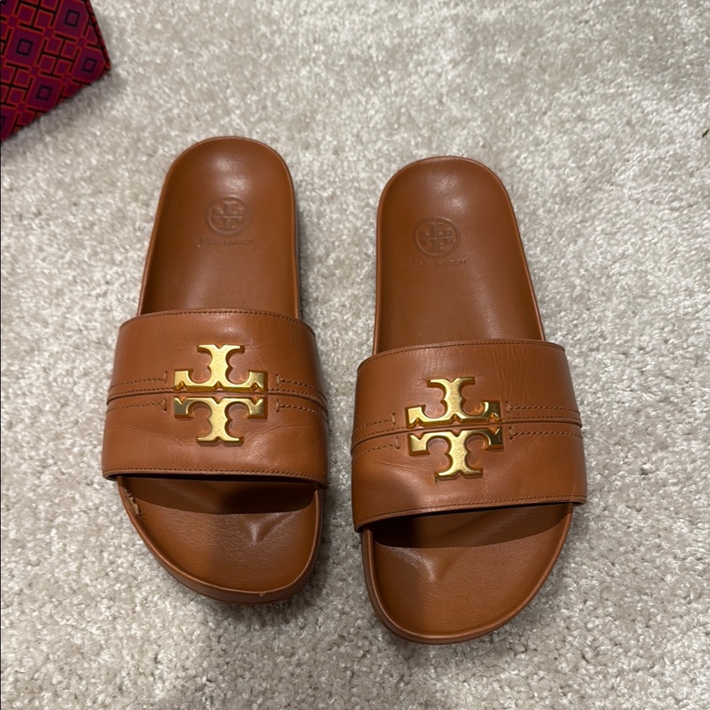 Tory Burch Tan Slides with Gold Emblem